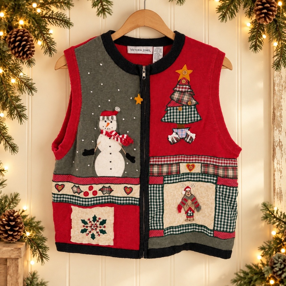 vintage Victoria Jones Christmas Sweater Vest Zip Up Patchwork XL Snowman